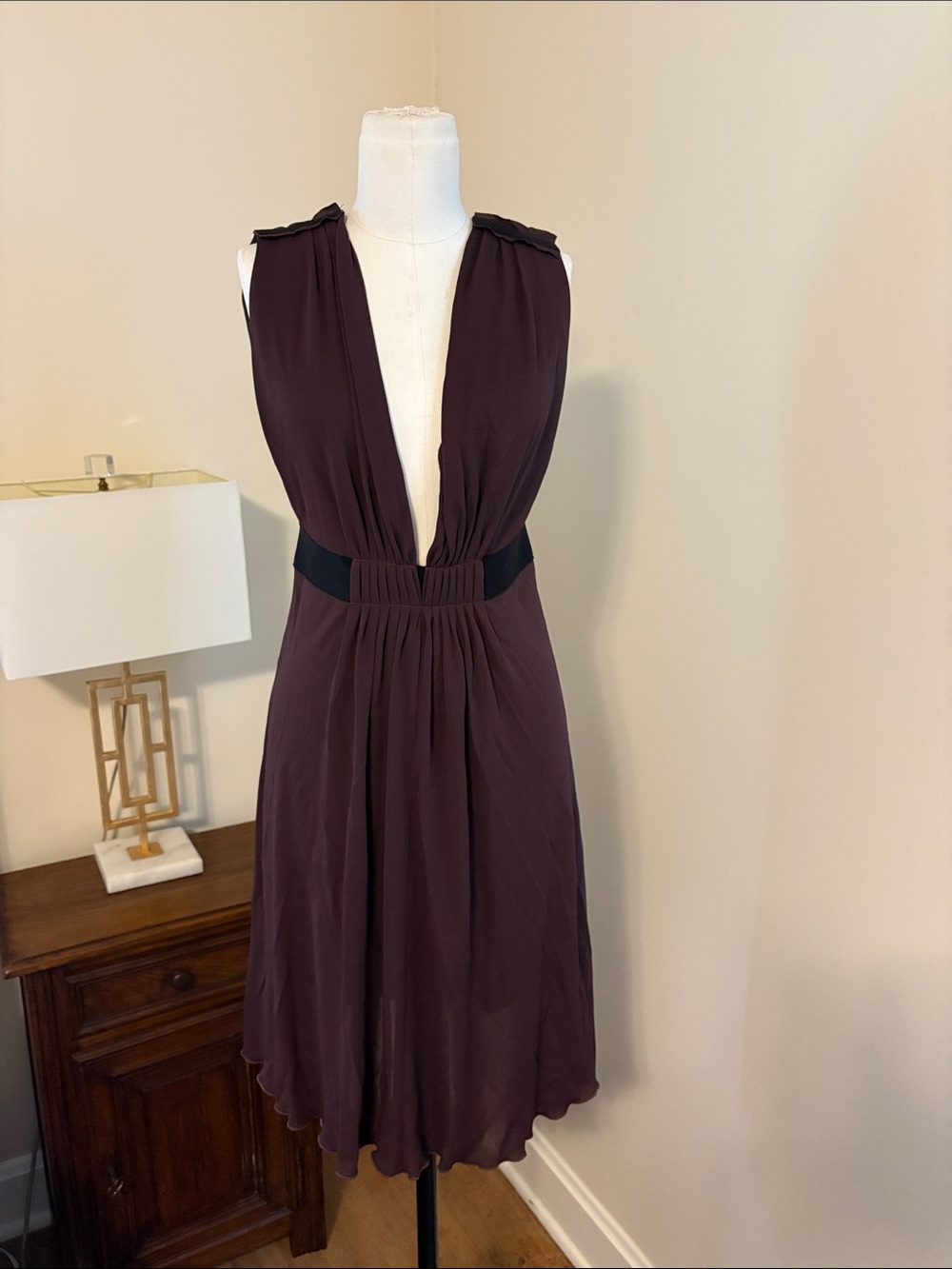 Deep Plum Strapless V-Neck Midi Dress with Black Waist Panels